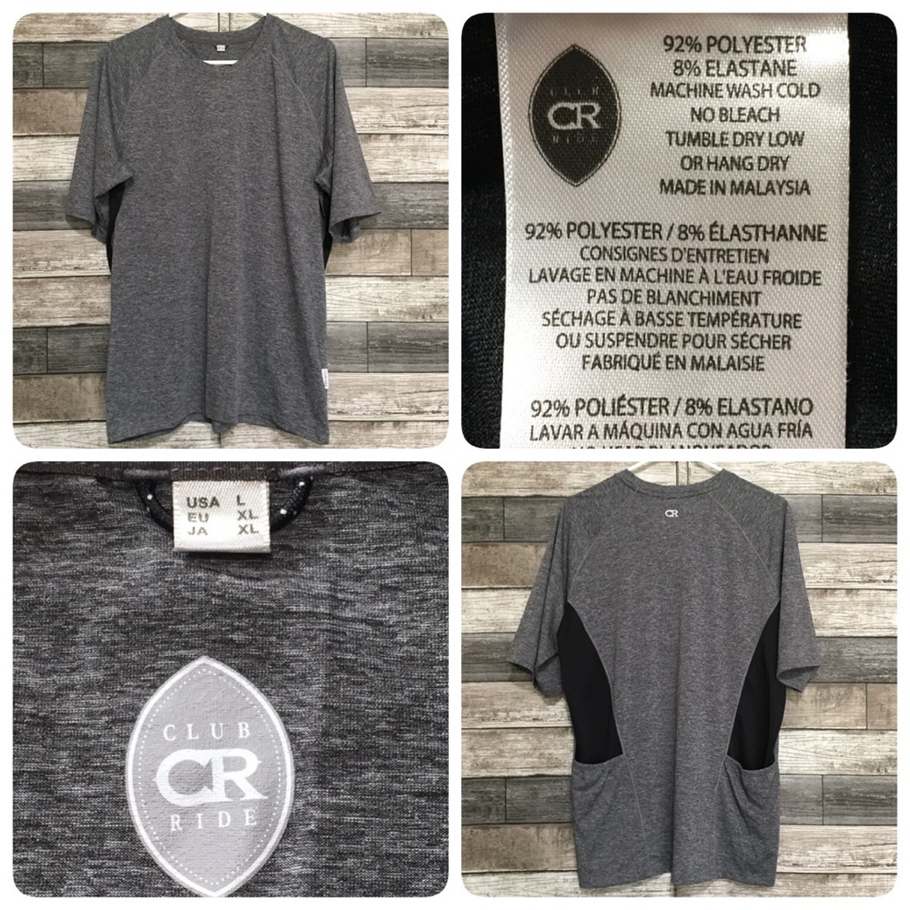 Club Ride Cycling T Shirt Men’s L Gray Black Back Pockets Short Sleeve.